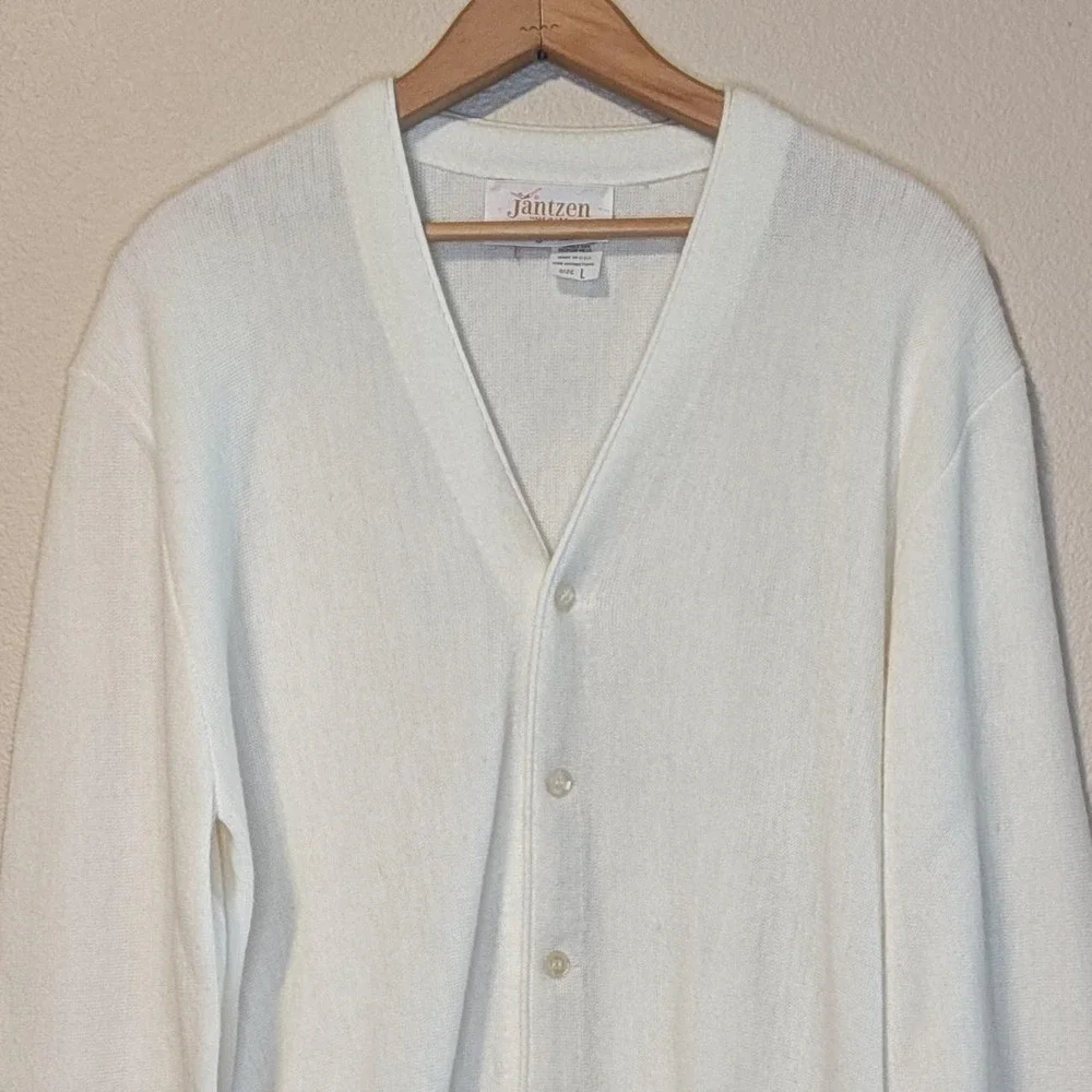 Jantzen Cardigan Sweater Mens Large White V Neck Button Front‎ Made in USA Golf